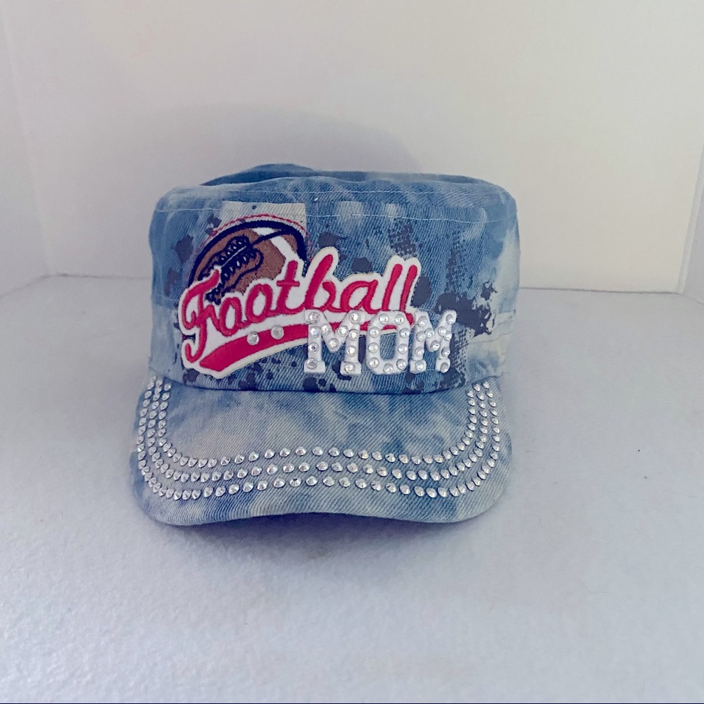 Football Mom Rhinestone Bling Light Blue Splash Denim Baseball Cap Hat